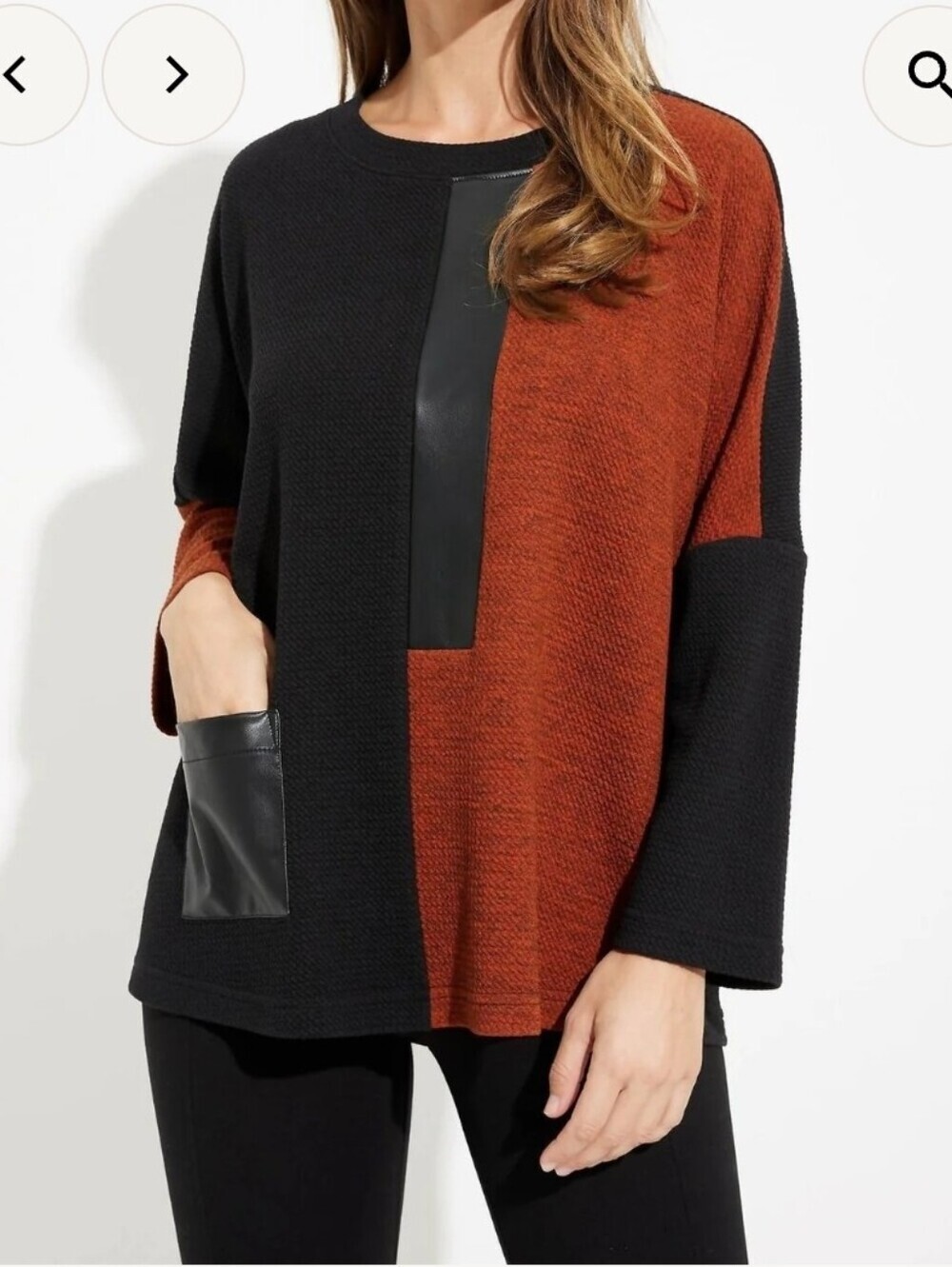 ❤ JOSEPH RIBKOFF MIXED MEDIA WAFFLE KNIT TOP WITH VEGAN LEATHER TRIM / POCKET, 8